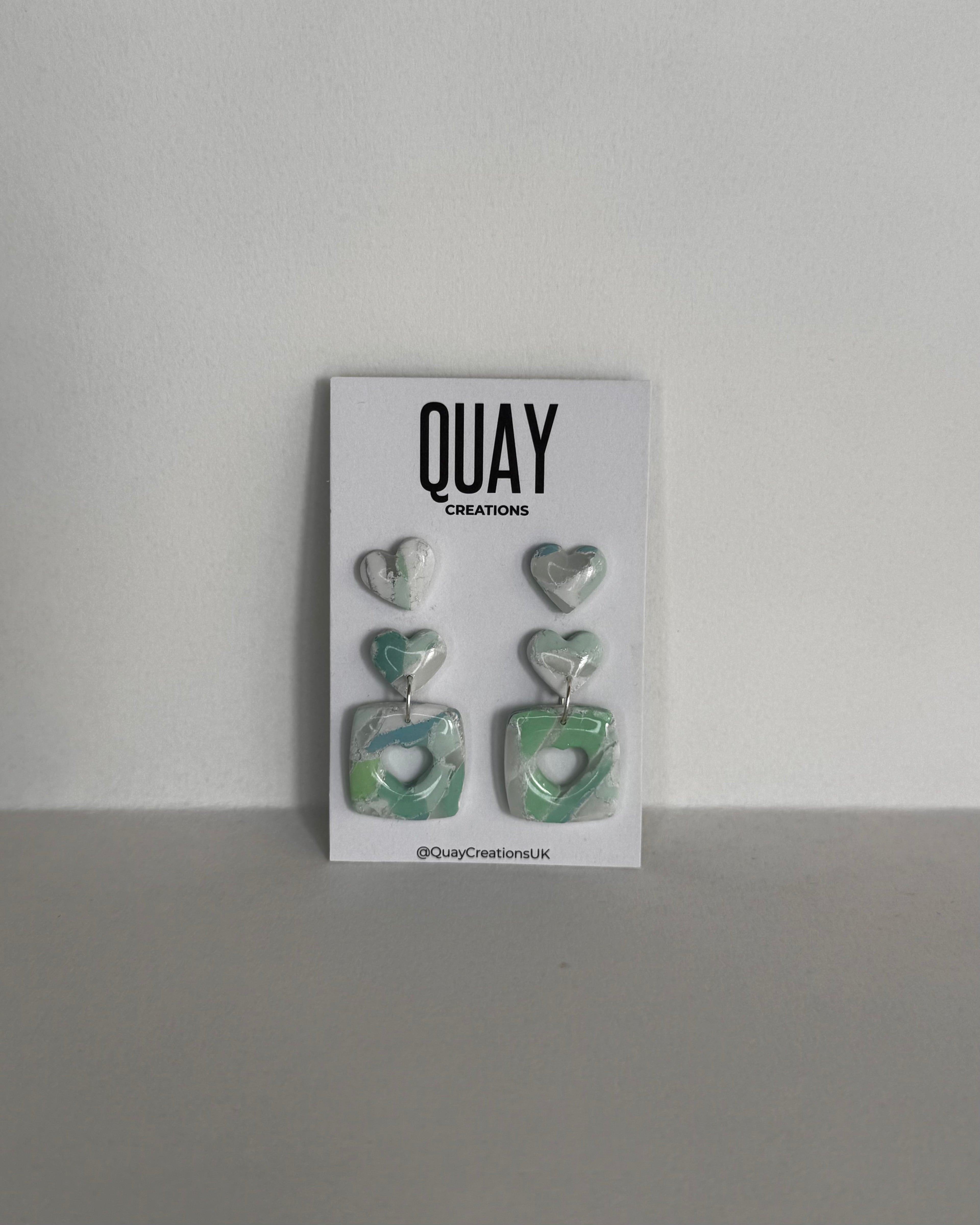 Sea Glass Mini Heart Studs & Heart Square Earrings
