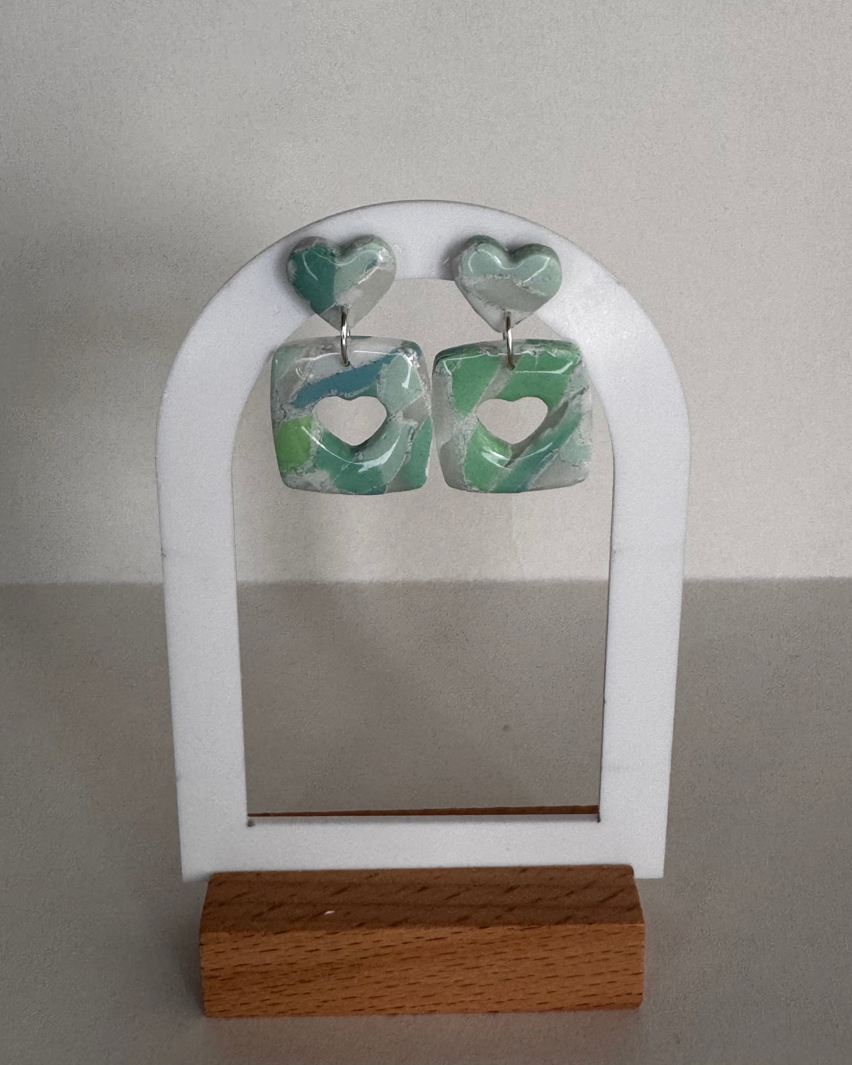 Sea Glass Mini Heart Studs & Heart Square Earrings