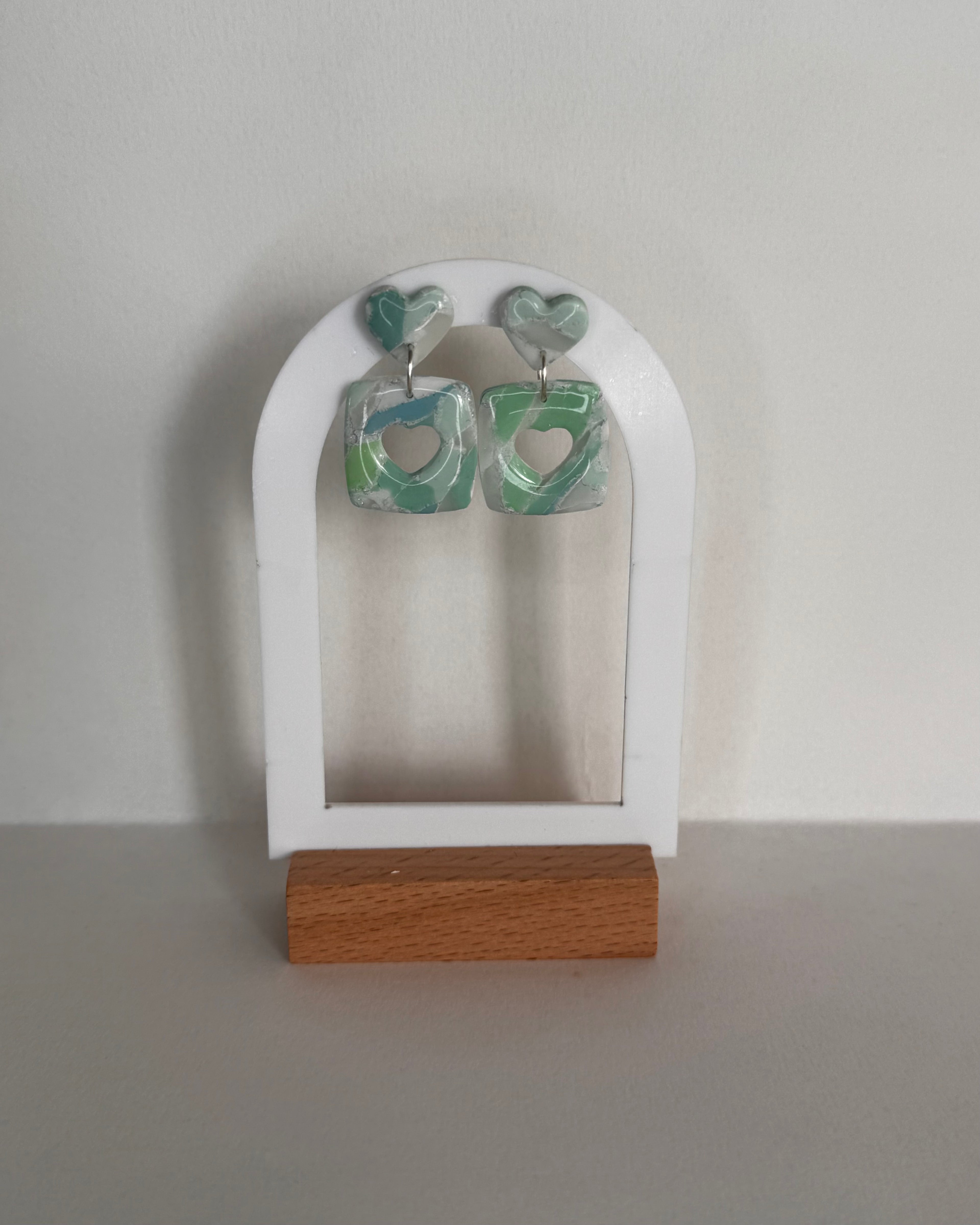 Sea Glass Mini Heart Studs & Heart Square Earrings