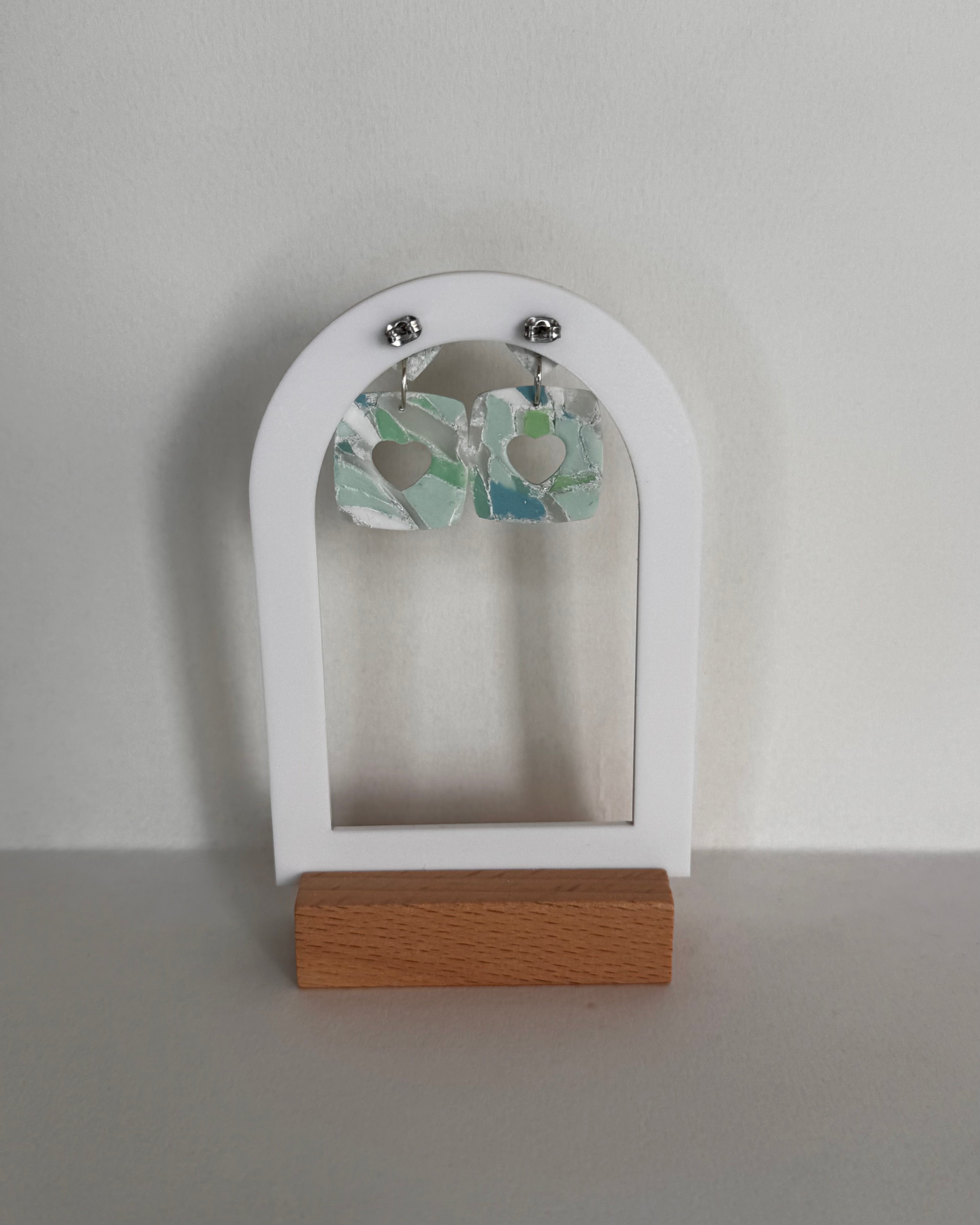 Sea Glass Mini Heart Studs & Heart Square Earrings